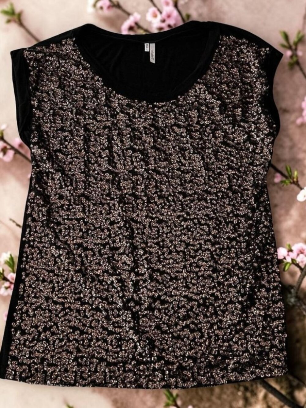 Studio Y‎ Women's Top Size Large Black Matte Bronze Sequin